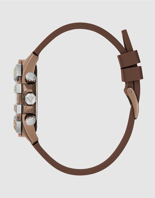 GUESS - ICONIC 40TH Logo 39mm Silver-Tone Case Brown Silicone Strap