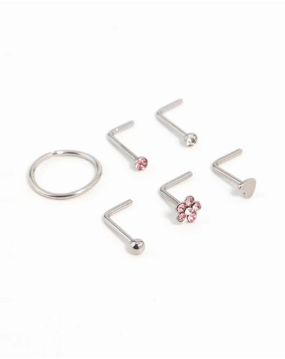Lovisa - Surgical Steel Cubic Zirconia Flower & Heart Nose Piercing 6-Pack