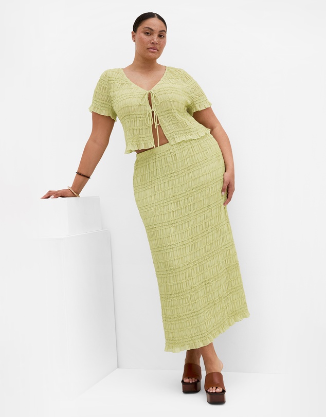 City Chic - Plus size Emelia V Neck Shirred Top - matcha