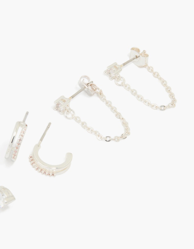 Lovisa - Silver Plated Brass Cubic Zirconia Heart Huggie & Stud Earrings 4-Pack