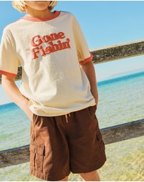 Skwosh - Gone Fishin Kids Boxy Ringer Tee in Off White