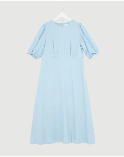 Revibe - Repaired AERE Elowen Linen Puff Sleeve Midi Dress - AU 18