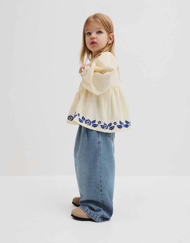 Country Road - Long Sleeve Embroidered Shirred Blouse