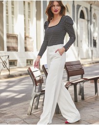 Sosandar - Black & White Stripe Print Rib Long Sleeve Jersey Top