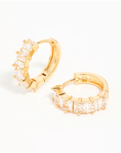 Lovisa - Gold Plated Brass Cubic Zirconia Baguette Medium Huggie Earrings