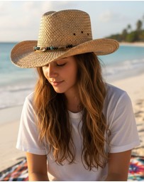 Jacaru - Jacaru 1818D Straw Cowboy Hat with Turquoise beads