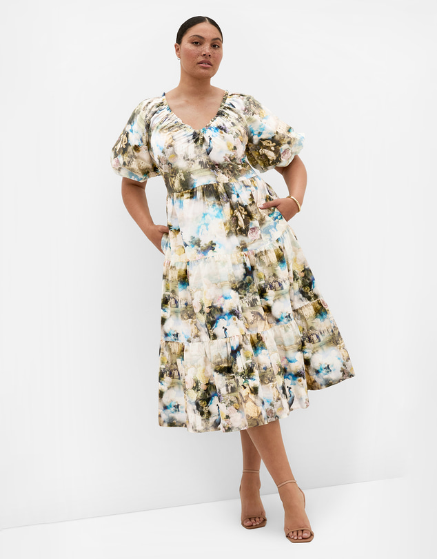 City Chic - Plus size Fantasy Ballroom Print V Neck Dress - ivory multi