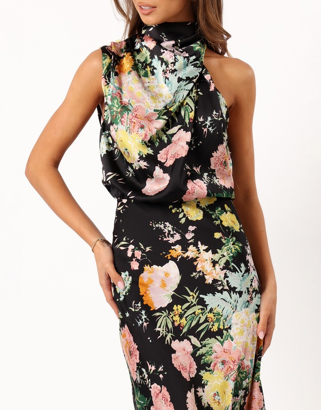 Petal & Pup - Anabelle Halter Neck Midi Dress - Black Floral