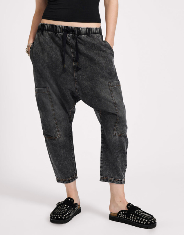 ONE TEASPOON - Isla Low Waist Drawstring Harem Denim Jeans - Charcoal Black
