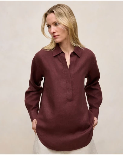 Trenery - Delave Linen Half Placket Shirt in Espresso