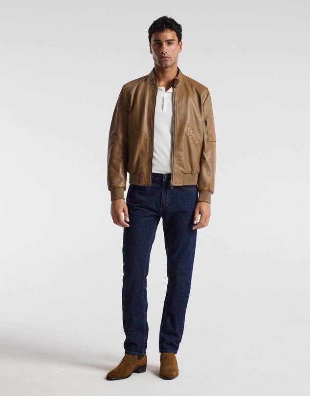 Calibre - Stand Collar Leather Bomber Jacket Camel
