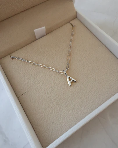 Luna Rae - Sterling Silver - Paperclip Bubble Letter A Necklace
