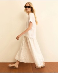 Emme - White Cotton Embroidered Midi Skirt