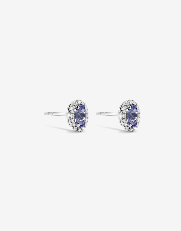 Michael Hill - Oval Cut Blue Tanzanite Gemstone and 0.12 Carat TW Diamond Halo Stud Earrings in 10kt White Gold