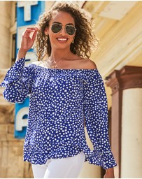 Sosandar - Spot Print Bardot Ruffle Detail Top