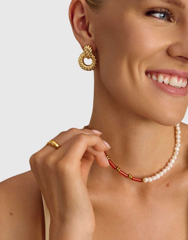 Nialaya Jewellery - Pearl Choker with Red Agate