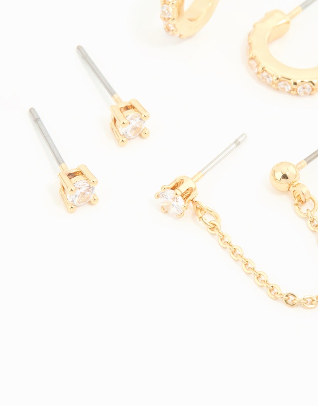 Lovisa - Gold Plated Cubic Zirconia Dainty Chain & Huggie Earrings 4-Pack