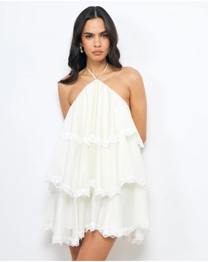 AERE - Idalia Tiered Lace Trim Mini Dress