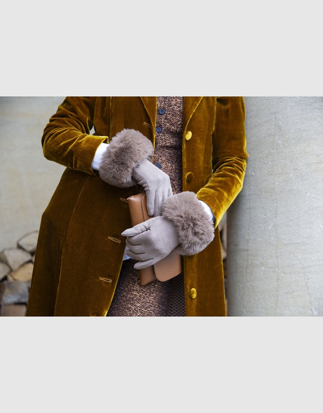 DENTS - Touchscreen Velour-Lined Faux Suede Gloves with Faux Fur Cuffs