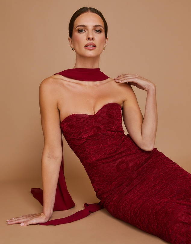 Six Stories - Velvet Lace Corset Bandeau Maxi Dress with Neck Scarf