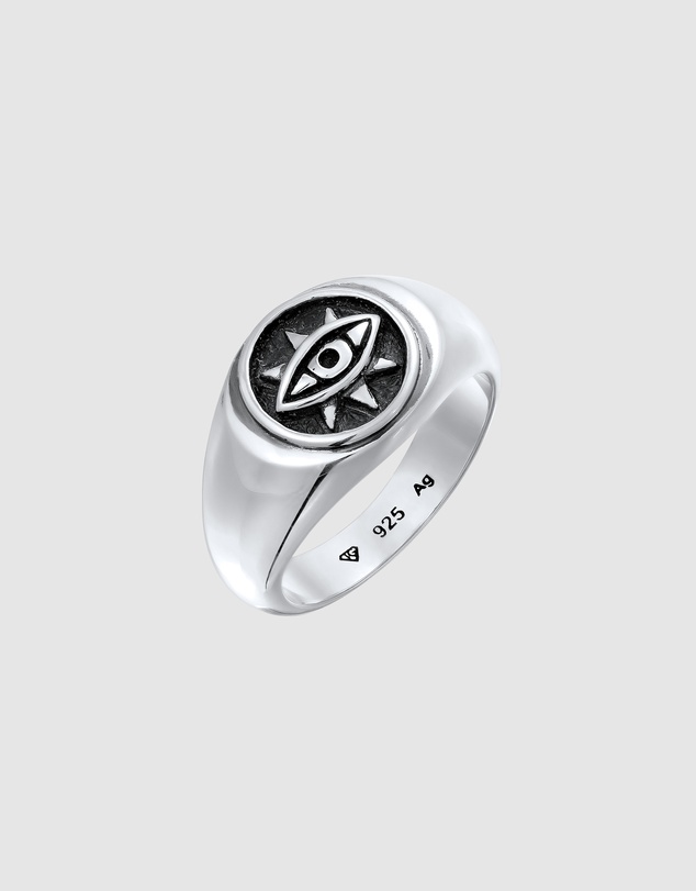 Kuzzoi - ICONIC EXCLUSIVE - Signet Ring with Evil Eye Emblem in Oxidised 925 Sterling Silver