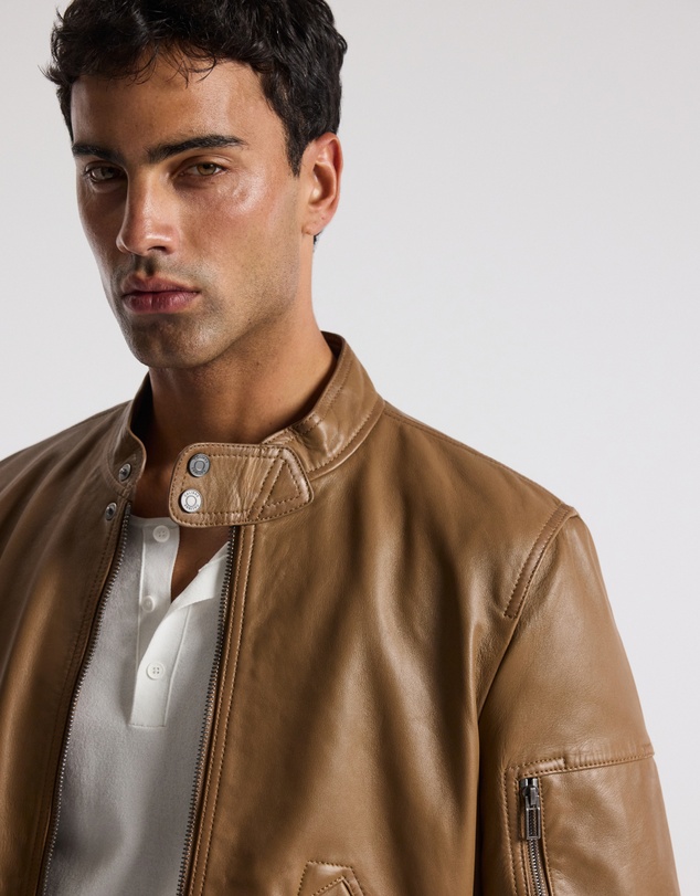 Calibre - Stand Collar Leather Bomber Jacket Camel
