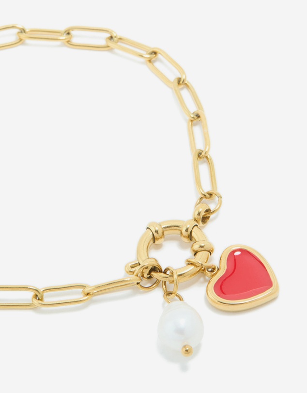 Lovisa - Waterproof Gold Plated Stainless Steel Red Enamel Heart & Pearl Charm Bracelet