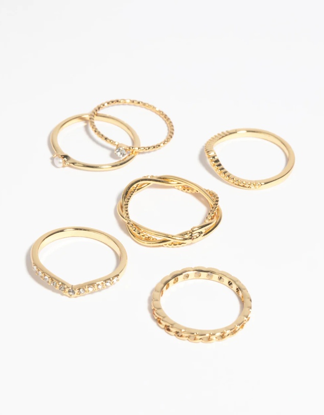 Lovisa - Gold Plated Diamante Twist Ring 6-Pack