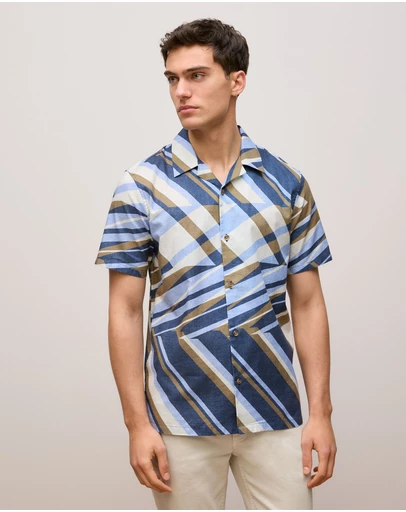 Trenery - Cotton Abstract Stripe Short Sleeve Shirt in Duck Egg Blue