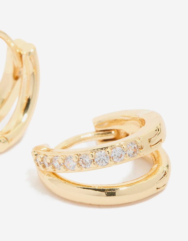 Lovisa - Waterproof Gold Plated Stainless Steel Cubic Zirconia & Double Row Huggie Earrings