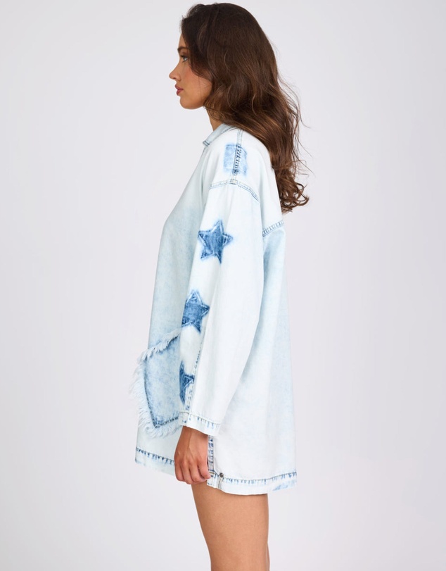 ONE TEASPOON - Le Captain Star Pullover Denim Mini Shirt Dress - Depeche Blue