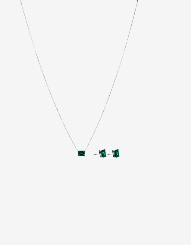 Michael Hill - Emerald Cut Green Created Emerald Gemstone Stud Earrings and Pendant Necklace Set in Sterling Silver