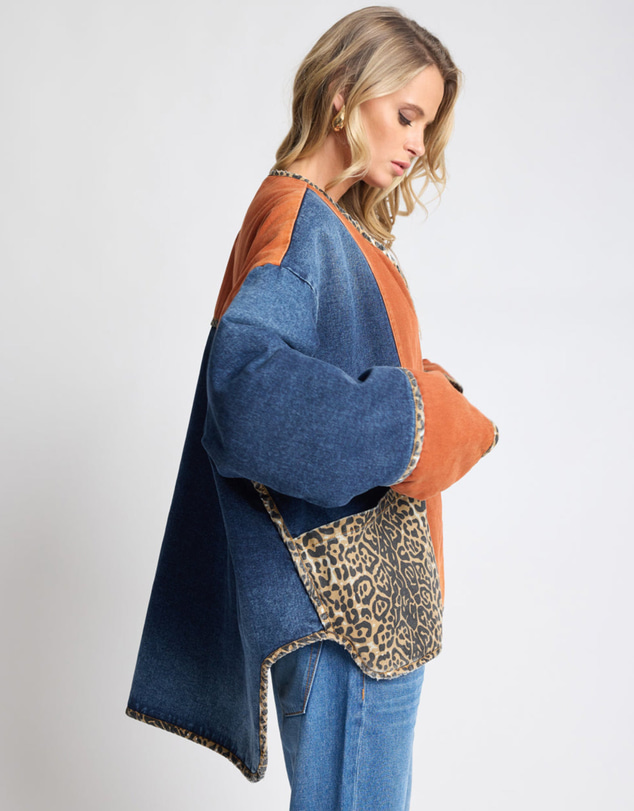 ONE TEASPOON - Bang Bang Reversible Colour Blocked Denim Wadded Jacket - Animal Blue Rust