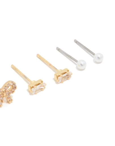 Lovisa - Waterproof Gold Plated Stainless Steel Cubic Zirconia & Pearl Stud Earrings 4-Pack