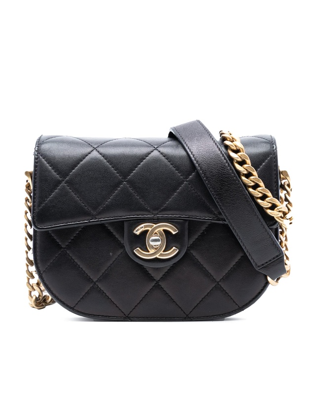 Pre-Loved by Azura Reborn - Pre-Loved Mini CC Quilted Shiny Calfskin Round Moon Messenger Flap