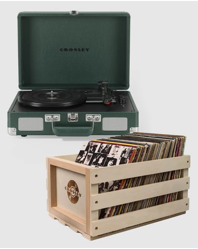Crosley - Crosley Cruiser Bluetooth Portable Turntable - Emerald Green + Bundled Crosley Record Storage Crate