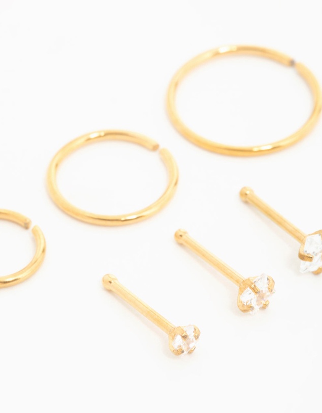 Lovisa - Gold Plated Surgical Steel Cubic Zirconia Stud & Hoop Nose Piercings 6-Pack
