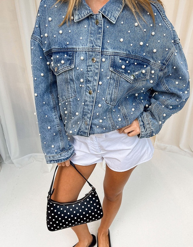 Beginning Boutique - Denim Dazzle Pearl Mid Wash Denim Jacket