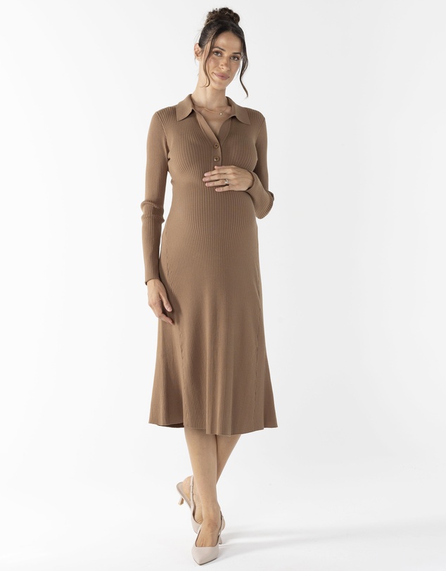 Angel Maternity - Knit Maternity Midi Dress in Camel