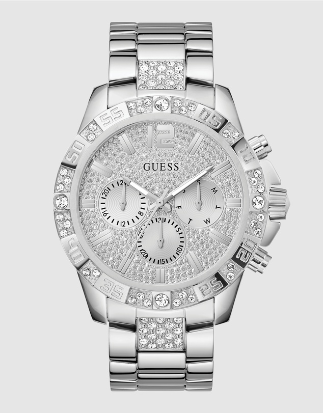 GUESS - Silver-Tone Multi-function Men's 48mm Silver Dial with Crystals on Bezel Watch