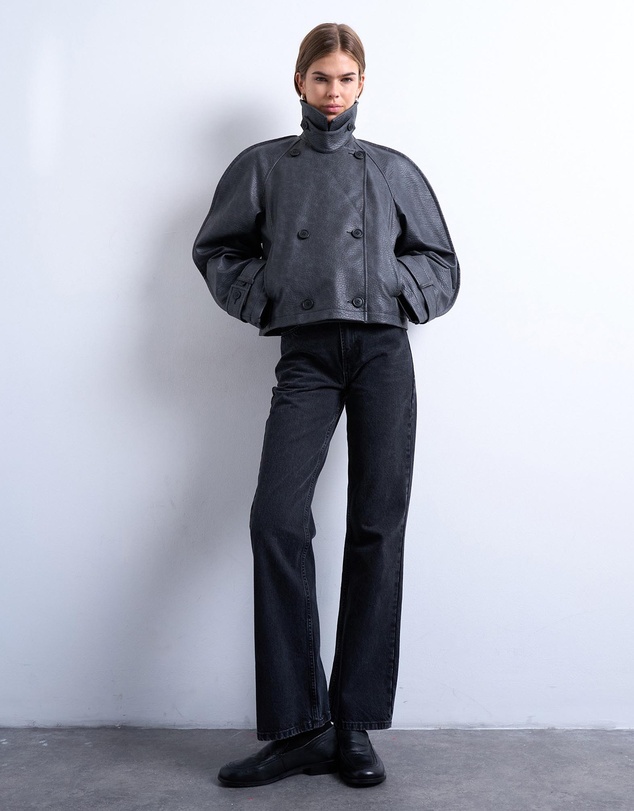 TOPSHOP - Faux Leather Ovoid Sleeve Short Trench Jacket