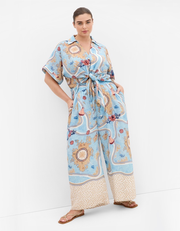 City Chic - Plus size Postcard Voyage Print Wide Leg Pant - sky blue