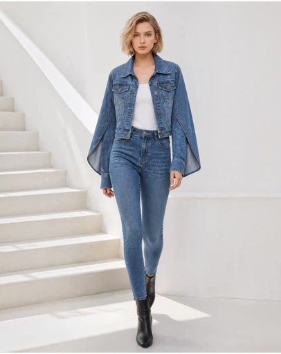 Mossée - Elara Denim Mock Sleeve Cape Jacket