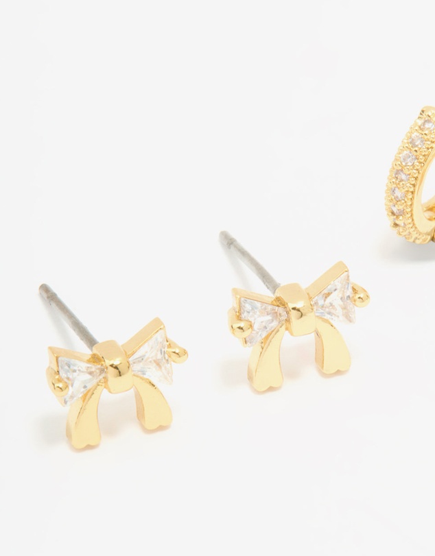 Lovisa - Gold Plated Cubic Zirconia Bow Studs & Hoop Earrings Pack