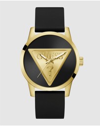 GUESS - Guess Triangle Men's 44mm Black Dial Gold-Tone Case and Black Leather Strap