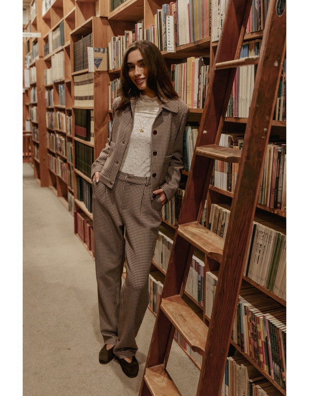 Petal & Pup - Jessie Straight Leg Trouser Pants - Brown Houndstooth