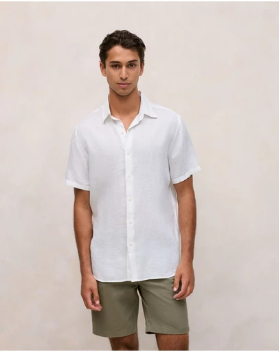Trenery - Regular Fit Linen Short Sleeve Shirt in White