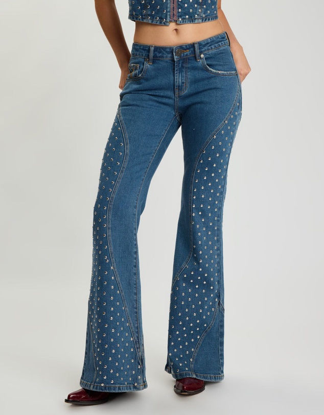 ONE TEASPOON - Chrome Edge Mid Waist Flared Studded Denim Jeans - Eclipse Blue