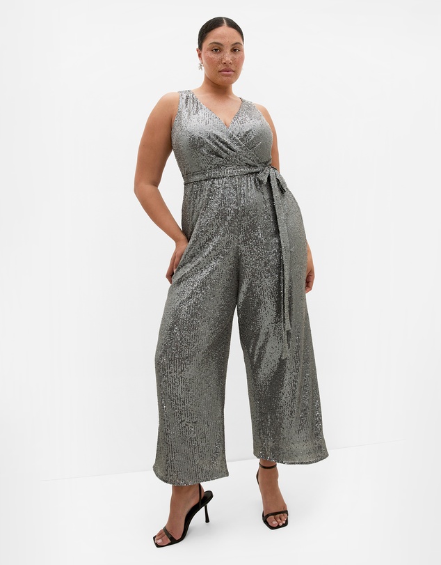 City Chic - Plus size Dazzling Sequin Wide Leg Jumpsuit - gunmetal