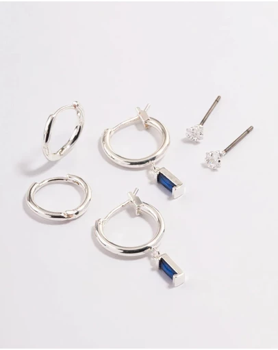 Lovisa - Silver Plated Brass Cubic Zirconia Sapphire Cut Huggie Earrings 6-Pack